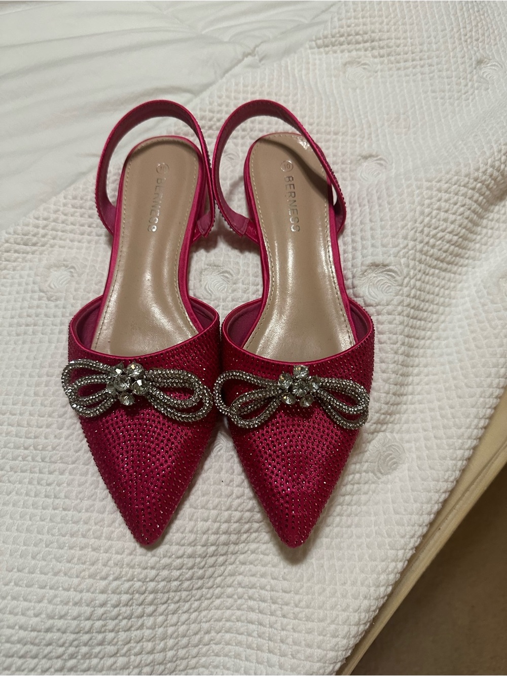 BernessHot Pink Pointed Slingback Flats with Crystal Bow Accent